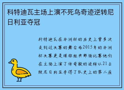 科特迪瓦主场上演不死鸟奇迹逆转尼日利亚夺冠