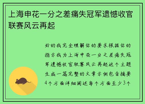 上海申花一分之差痛失冠军遗憾收官联赛风云再起